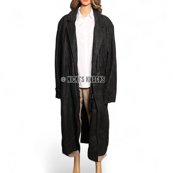 Vintage Pelle Cuir Black Embossed 100% Leather Trench Coat Shoulder Pads Size L - Picture 7 of 16